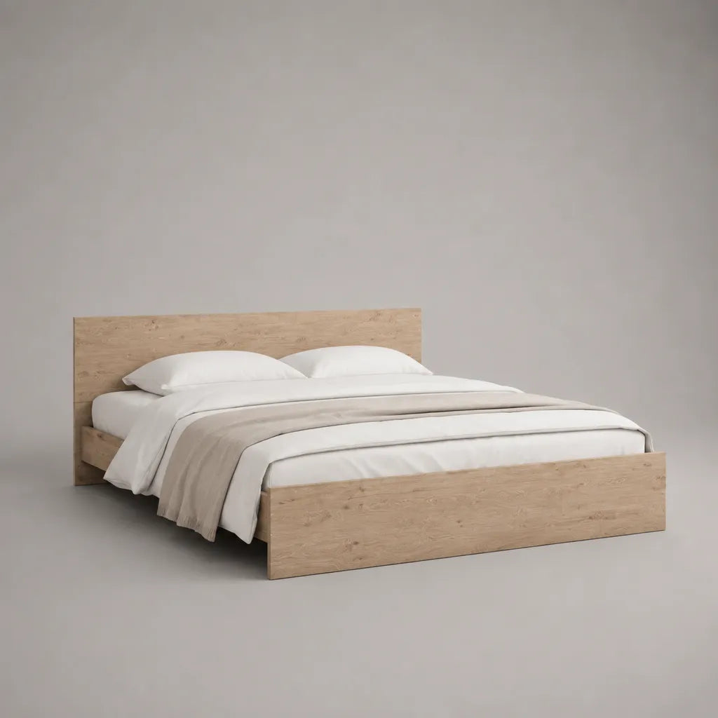 Kit double 160 × 200 cm en panneau de particules recouvert de mélamine avec tête rectangulaire, brun clair, 206 × 166 × 90 cm