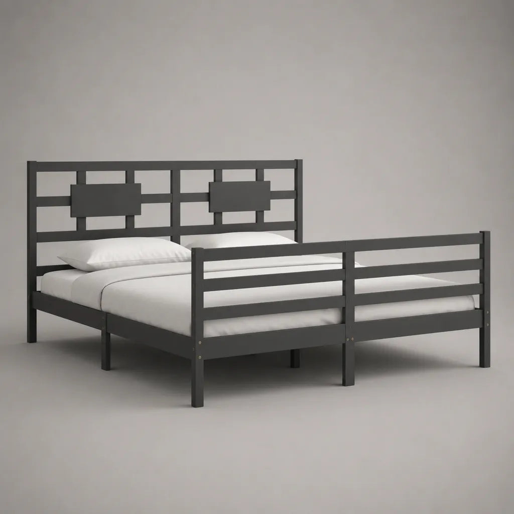 Lit double en bois avec grille et protection latérale, gris, couchage 140 × 200 cm, dimensions totales 208 × 148 × 110 cm