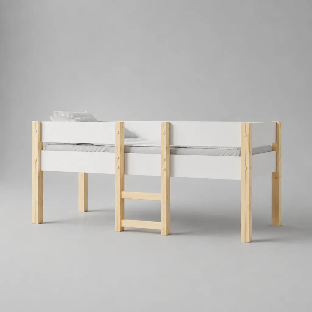 Lit bébé 90 × 200 cm en pin massif et MDF avec échelle, blanc/nature, 208 × 98 × 110 cm