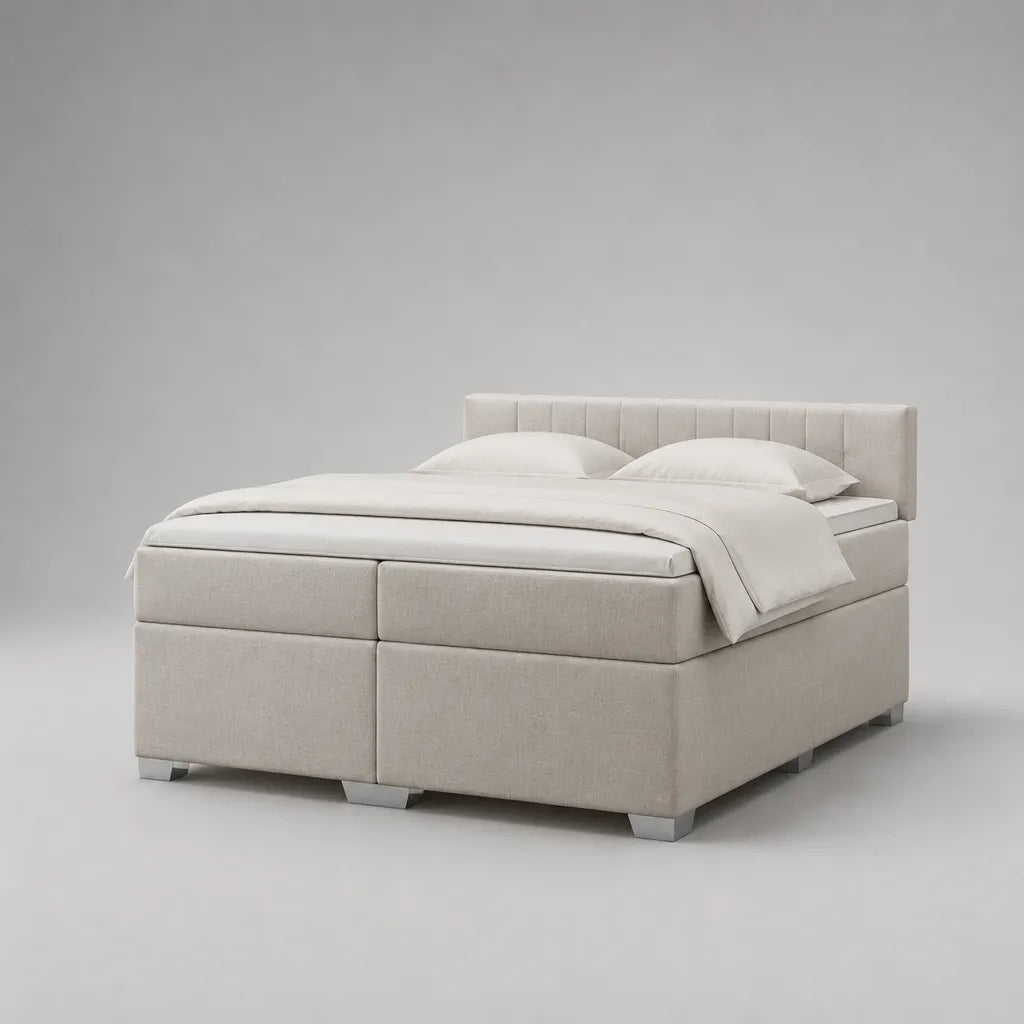 Lit à ressort 160 × 200 cm avec matelas à ressorts, topper, housse en polyester et tête de lit, beige
