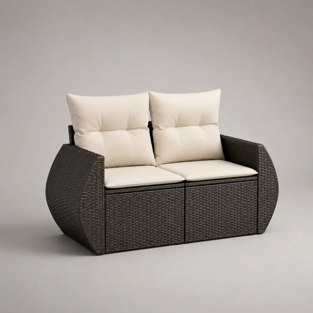 Canapé jardin extérieur, 2 places en résine tressée PE avec finitions, brun foncé et blanc cassé, 145 × 75 × 85 cm