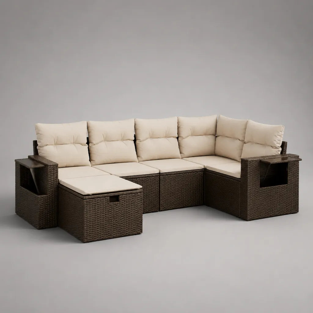 Ensemble de salons de jardin 8 pièces en résine tressée PE avec rembourrages, tabouret et rangement, forme L, brun foncé/creme, 275 × 205 × 74 cm