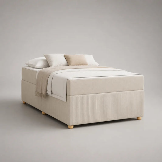 Lit rembourré sans tête de lit 160 × 200 cm, dimensions totales 210 × 170 × 42 cm, corde polyester, beige