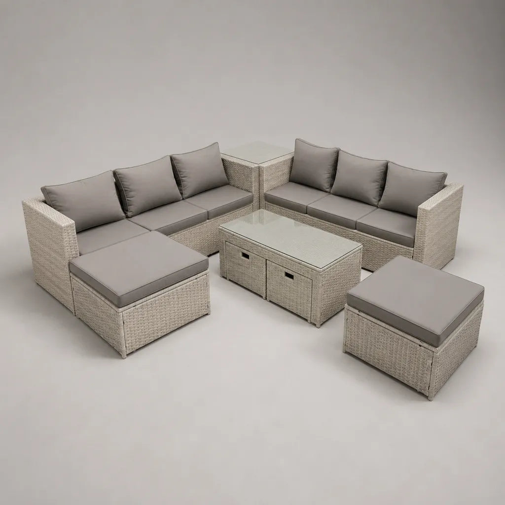 Lot de 6 pièces – Set de jardin de 8 places, en forme de L, en résine tressée PE et en métal avec coussins et table en verre, beige/gris, 280 × 220 × 70 cm