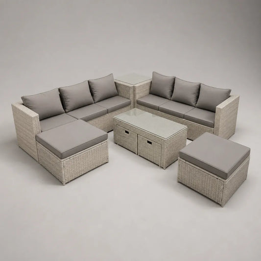 Lot de 6 pièces – Set de jardin de 8 places, en forme de L, en résine tressée PE et en métal avec coussins et table en verre, beige/gris, 280 × 220 × 70 cm