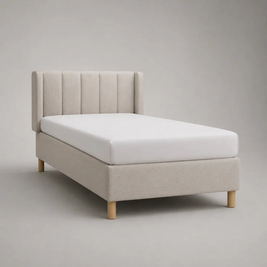 Lit rembourré 90 × 200 cm avec grille et tête d'aile, housse en tissu Beige, dimensions totales 212 × 104 × 110 cm