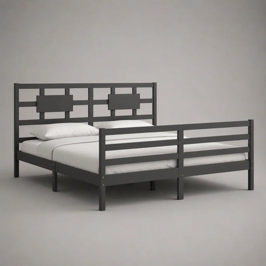 Lit double en bois avec grille et protection latérale, gris, couchage 140 × 200 cm, dimensions totales 208 × 148 × 110 cm