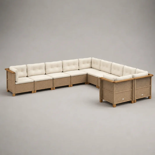 Canapé-jardin canapé, 8 places en bois massif d'acacia et rotin en PE, forme L, beige, blanc cassé et brun clair, 350 × 280 × 78 cm