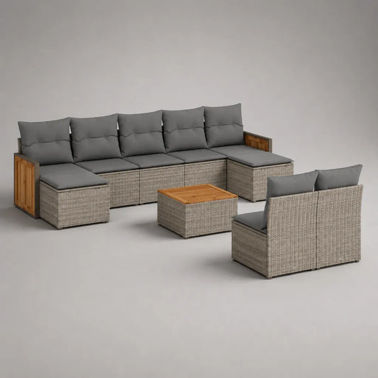 Set de salon de jardin, 7 sièges avec table, en forme de U, en résine tressée PE, acier et bois, gris, gris foncé et brun naturel, 296 × 146 × 72 cm