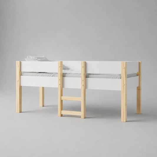 Lit bébé 90 × 200 cm en pin massif et MDF avec échelle, blanc/nature, 208 × 98 × 110 cm