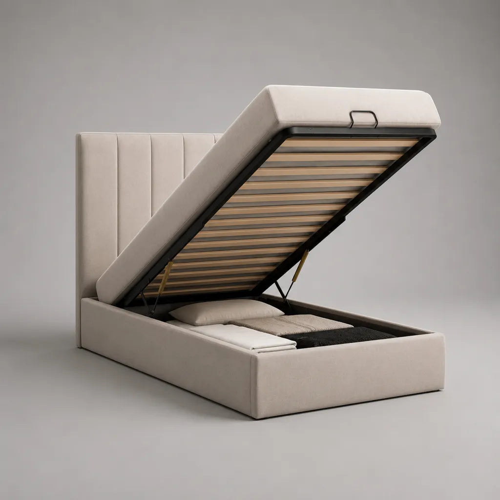Lit rembourré avec boîte de lit 140 × 200 cm, housse en velours polyester, cadre en acier et grille en bois, beige