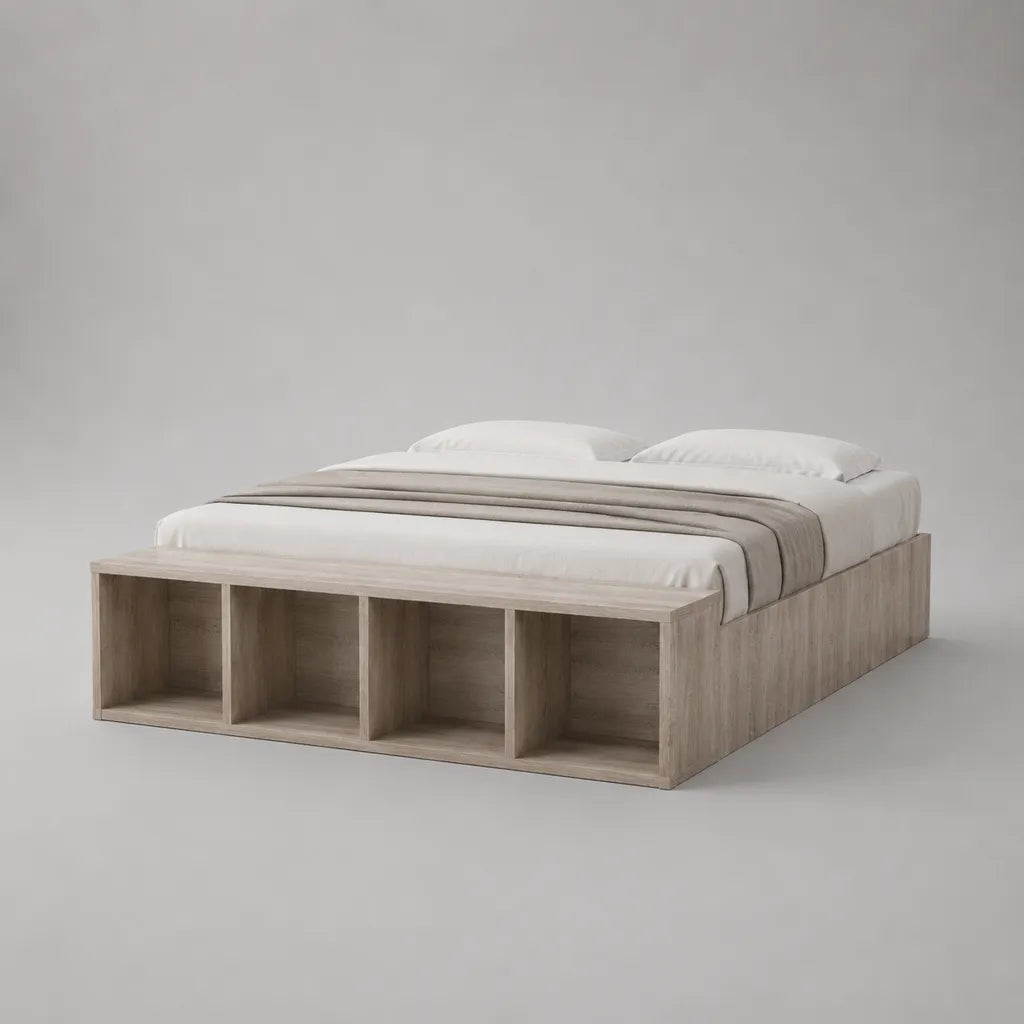 Structure de lit avec rangement 160 × 200 cm en panneau de particules, décoration en chêne naturel, avec 4 compartiments ouverts