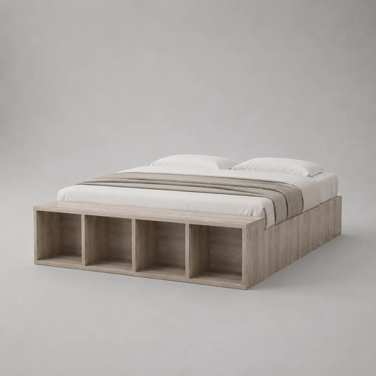 Structure de lit avec rangement 160 × 200 cm en panneau de particules, décoration en chêne naturel, avec 4 compartiments ouverts