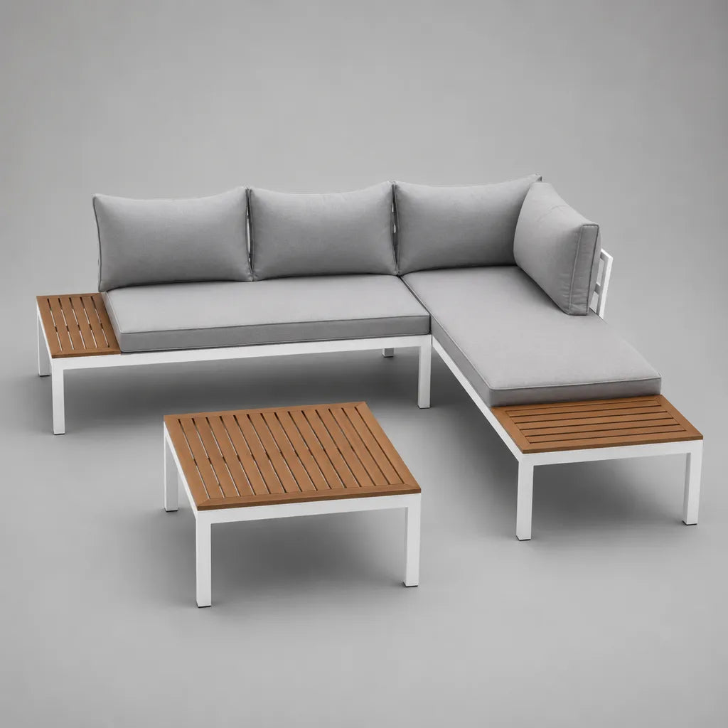 Lot de 3 pièces – Groupe de sièges de jardin avec un canapé en forme de L et une table basse en aluminium et en bois massif d'acacia, gris/blanc/brun, 220 × 190 × 78 cm
