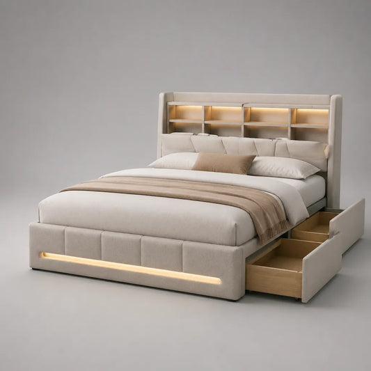 Lit double avec rangement, éclairage LED, housse en polyester et MDF, couchage 160 × 200 cm, dimensions totales 185 × 220 × 145 cm, beige