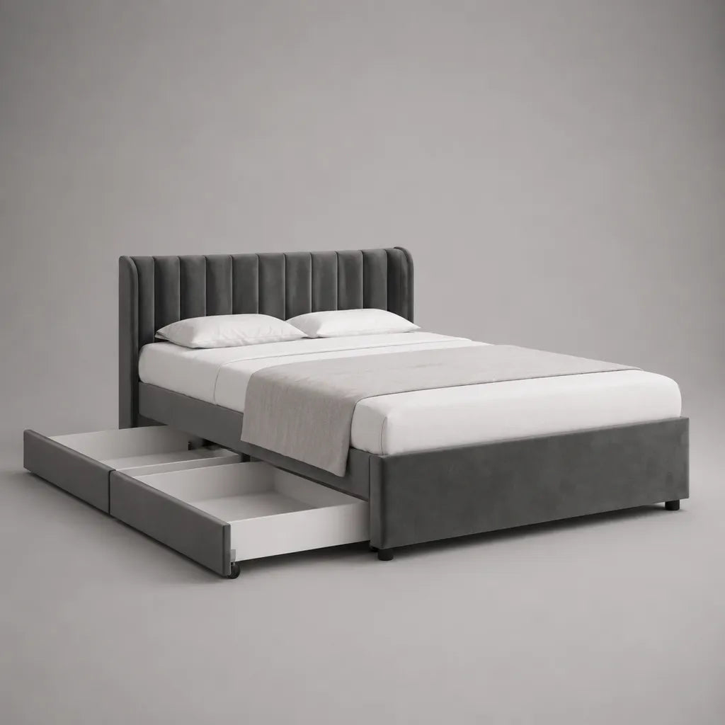 Lit rembourré gris en bois et tissu avec 2 tiroirs, couchage 160 × 200 cm, dimensions totales 218 × 174 × 110 cm
