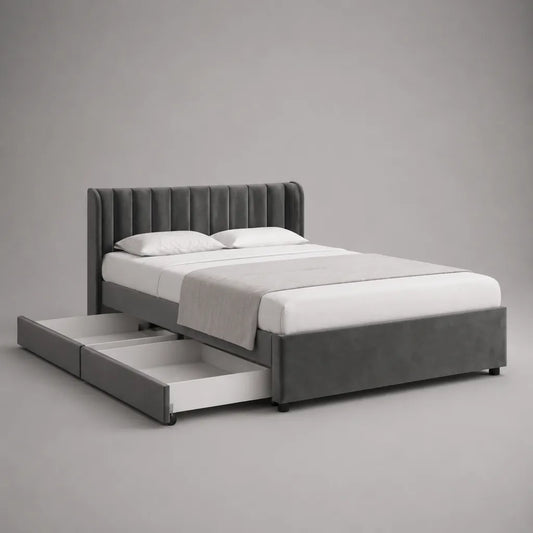 Lit rembourré gris en bois et tissu avec 2 tiroirs, couchage 160 × 200 cm, dimensions totales 218 × 174 × 110 cm