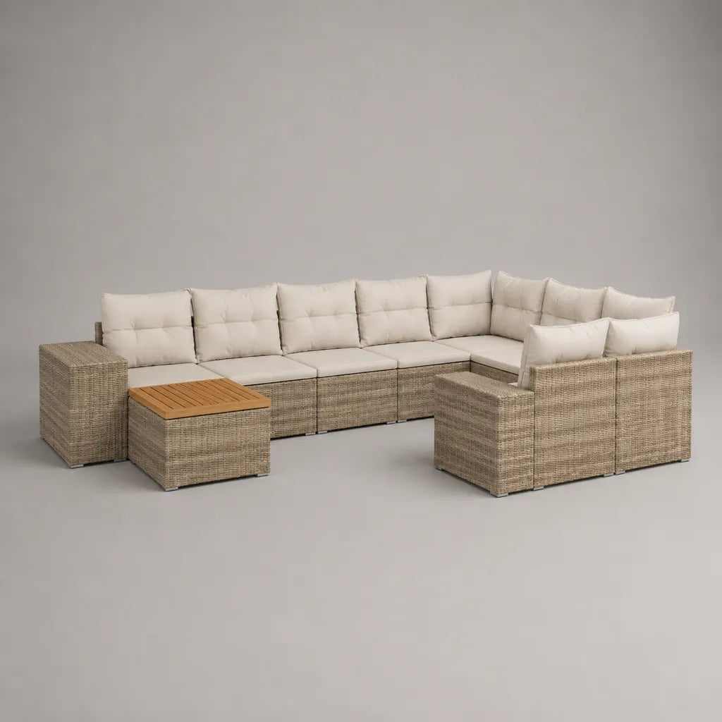 Loungeset de jardin en forme de U en rotin en PE avec coussin en polyester et plaque de table en bois d'acacia, beige/brun naturel/blanc cassé, 320 × 240 × 75 cm