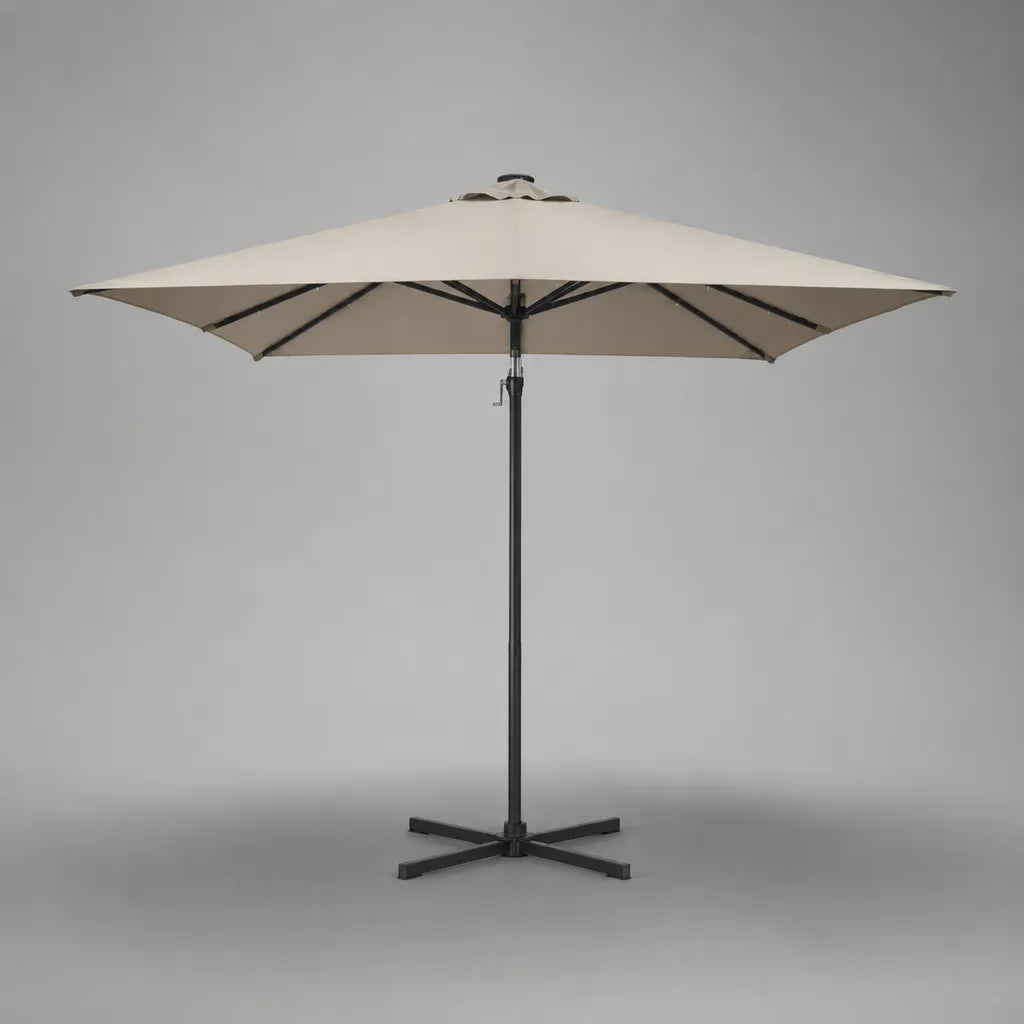 Parasol carré 300 × 300 × 250 cm en polyester avec pylône en acier et pied croisé, beige/noir