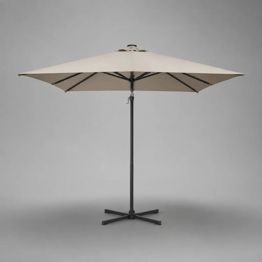 Parasol carré 300 × 300 × 250 cm en polyester avec pylône en acier et pied croisé, beige/noir