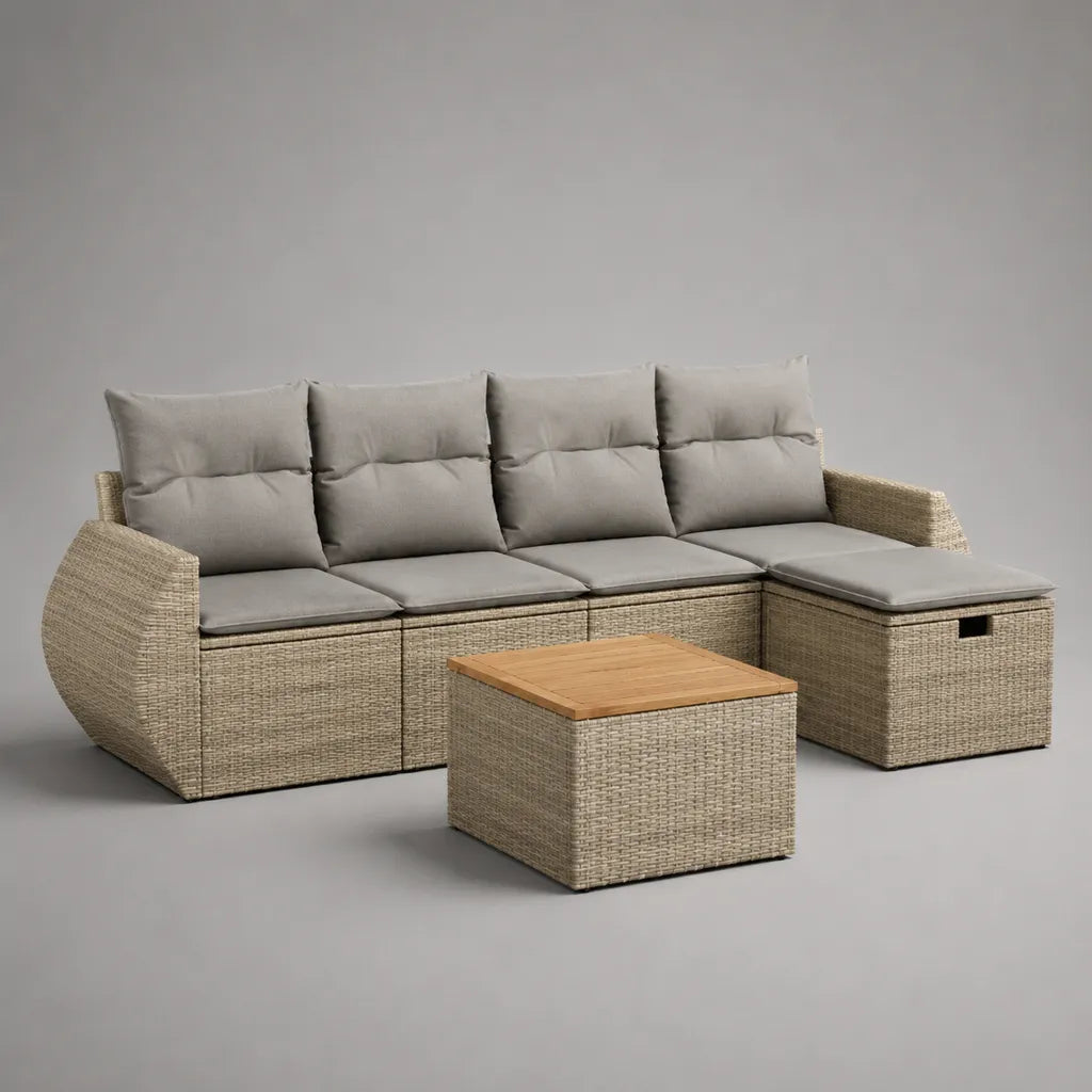 Kit de canapé-jardin en 2 parties, 4 places en forme de L en résine tressée PE et bois avec table, beige/gris/nature, canapé 260 × 150 × 84 cm
