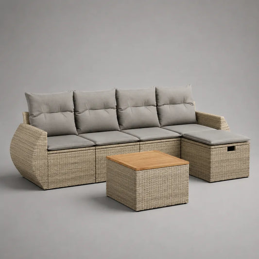 Kit de canapé-jardin en 2 parties, 4 places en forme de L en résine tressée PE et bois avec table, beige/gris/nature, canapé 260 × 150 × 84 cm