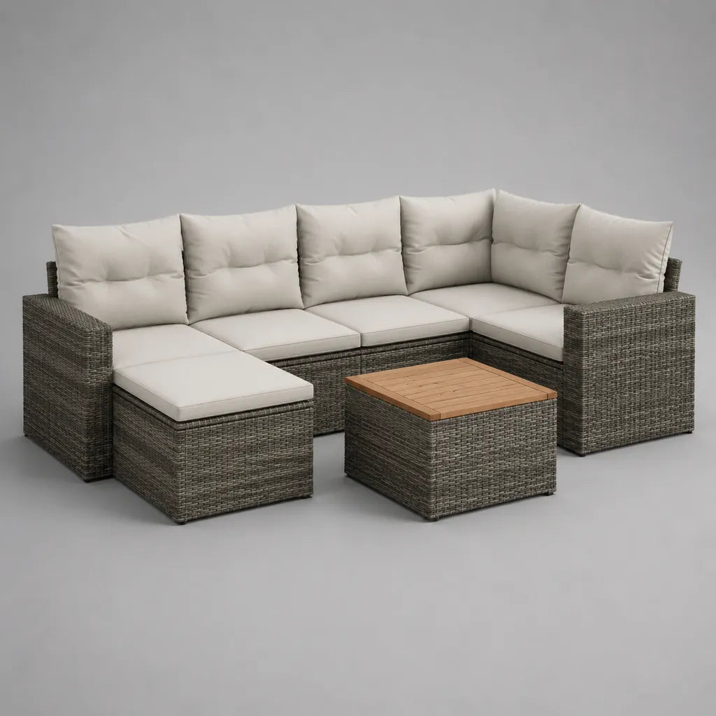 Lot de 3 pièces – Ensemble de salons de jardin en PE avec canapé d'angle, tabouret et table, gris, beige et marron, 250 × 180 × 75 cm
