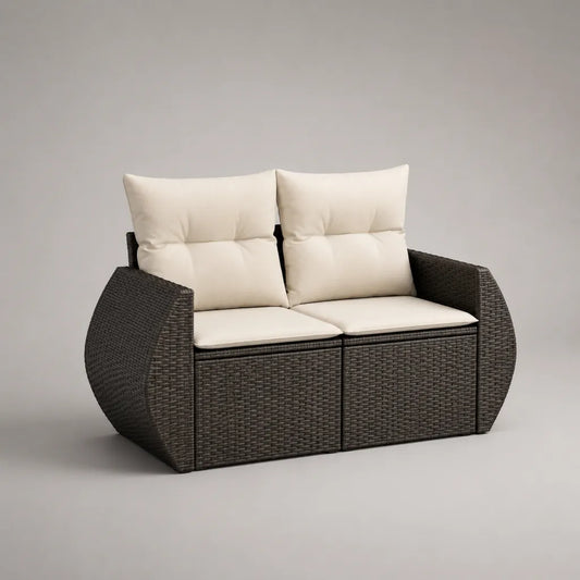 Canapé jardin extérieur, 2 places en résine tressée PE avec finitions, brun foncé et blanc cassé, 145 × 75 × 85 cm
