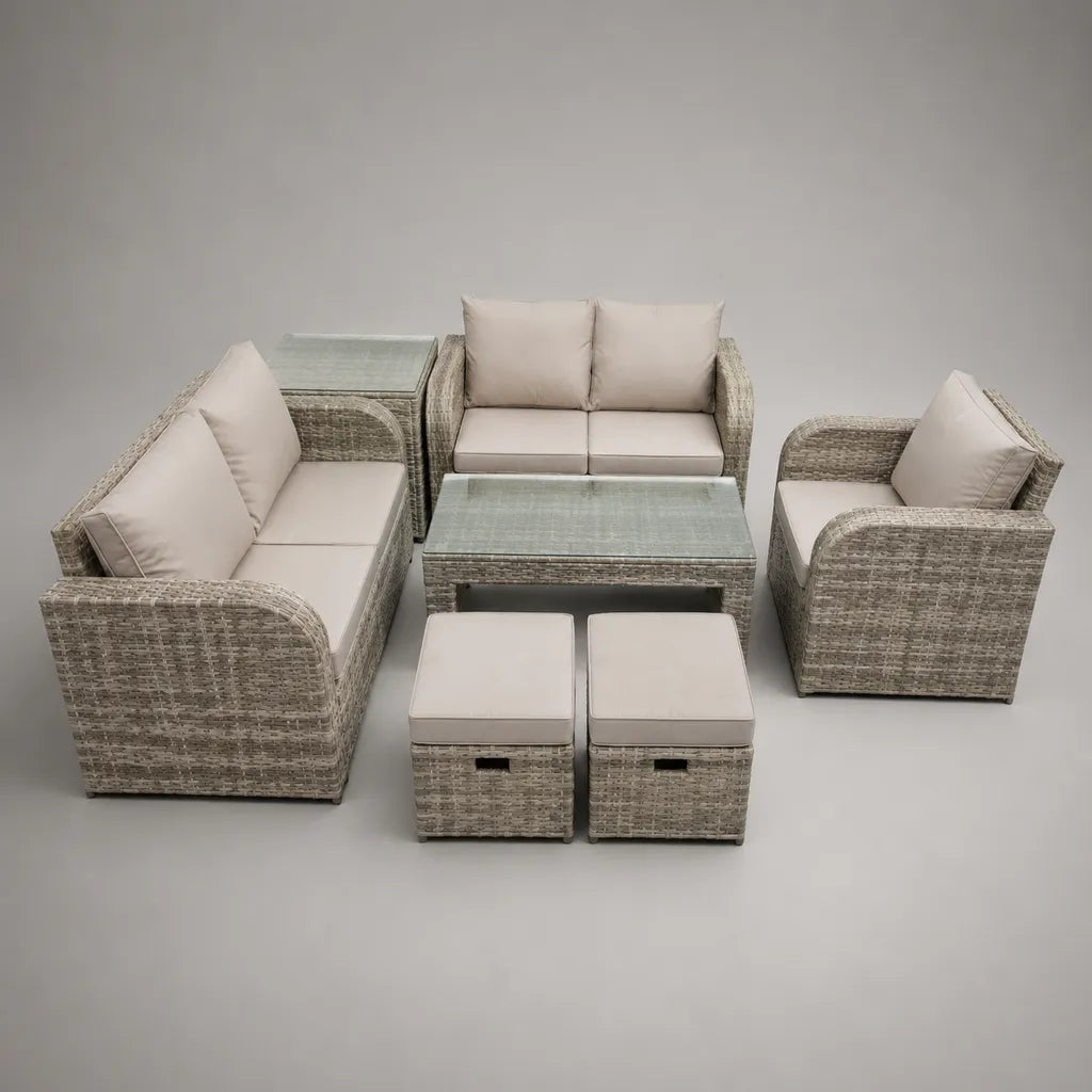 Ensemble de meubles de jardin de 7 pièces en rotin en PE avec rembourrages et tables en verre, gris et beige, 3 places 190 × 75 × 78 cm