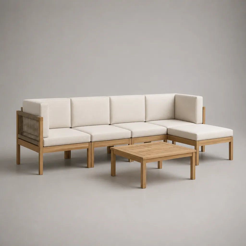 Ensemble de salons de jardin 5 pièces en bois massif d'acacia avec corde et rembourrage en polyester, forme L, brun naturel, blanc cassé et taupe, environ 280 × 140 × 70 cm