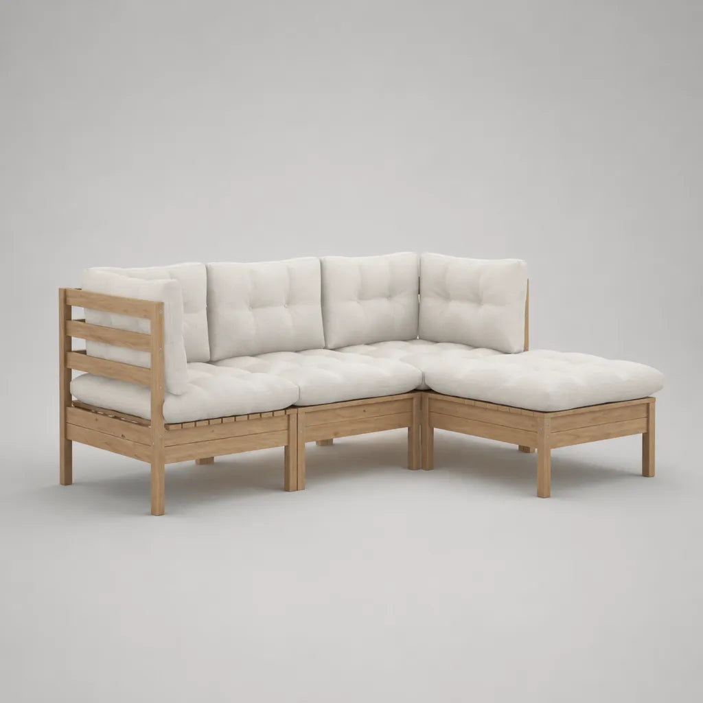 Canapé de jardin en 3 parties en bois massif d'acacia, nature et blanc cassé, forme en L avec recamiere à droite, 195 × 130 × 76 cm