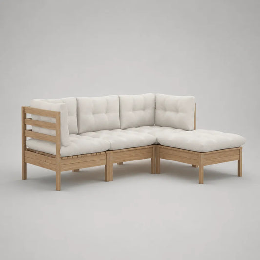 Canapé de jardin en 3 parties en bois massif d'acacia, nature et blanc cassé, forme en L avec recamiere à droite, 195 × 130 × 76 cm